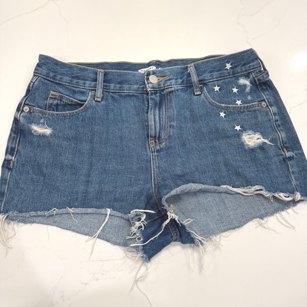 Old Navy Embroidered Stars Distressed‎ Boyfriend Cutoff Denim Shorts Size 6 EUC